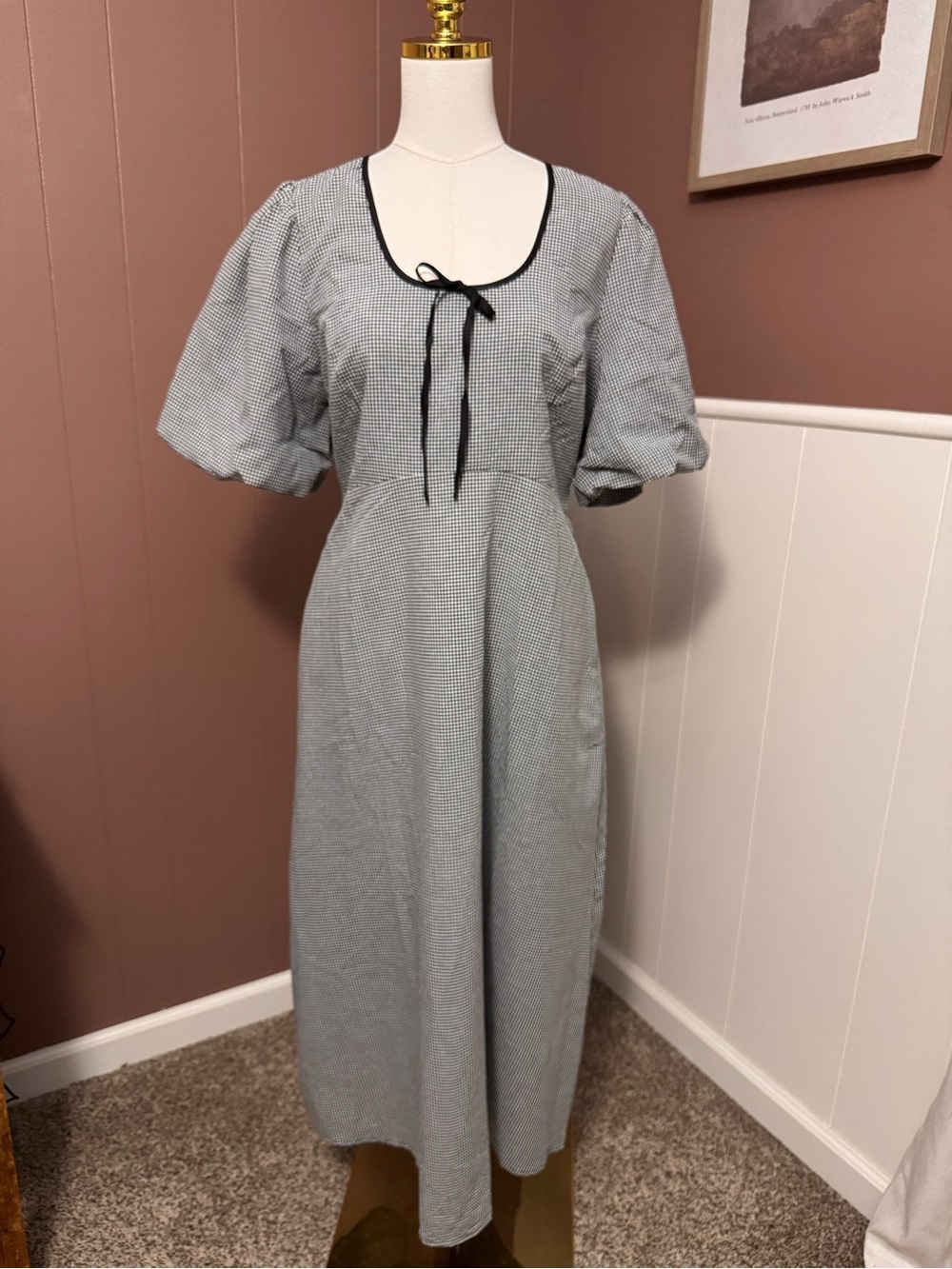 Roolee Gingham Puff Sleeve Cotton Blend Midi Dress NWT